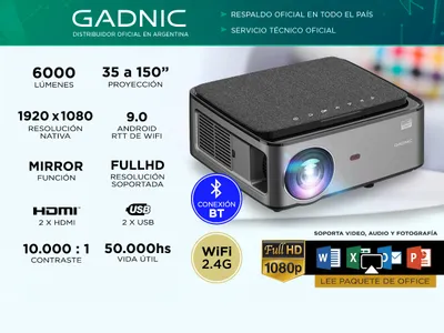 Proyector Gadnic 6000 Lúmenes WiFi Android Bluetooth Filtro HEPA HDMI x 2  USB x 2
