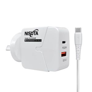 Fuente de alimentación NISUTA 1 puerto USB y 1 PD Port carga rápida cable USB C de 1m (blanca) - NSFU53UQPC 
