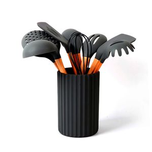 Set Utensilios De Cocina Silicona 9 Piezas Negro Soporte | Carol