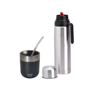 Mate Termico Quo Negro + Bombilla + Termo Acero 1l