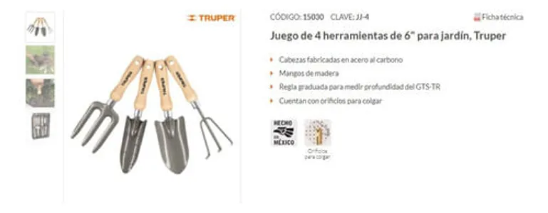 Juego de 4 herramientas, mangos de 6 para jardín, Truper, Juego De  Herramientas Para Jardín, 15030