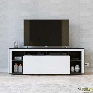 Mesa Mueble de Tv LCD 160 cm Puerta Batiente Negro y Blanco