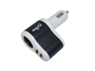 Cargador USB Doble 12V para Auto 3.1A 3 Salidas de Carga Nisuta NSCO13U2 Blanco con Negro