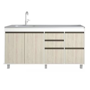 Mueble Bajo Mesada De Cocina Premium 160cm Moderno 2 Puertas 5 Cajones Color Pino Cascina Con Perfiles De Color Bronce