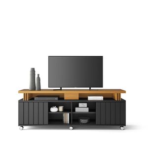 Rack TV con Puertas Corredizas Moderno 180 cm Negro – Mueble para Televisor 65” con Ruedas y Estantes
