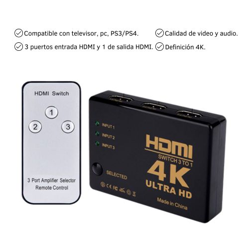 Switch Selector Hdmi 3x1 Con Control Definición 4k Dinax DX-SWHDMI31