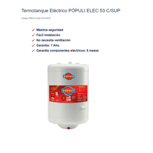 Termotanque Eléctrico Ecotermo Populi 53 Litros Superior
