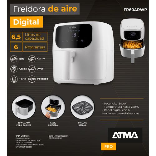 Freidora Sin Aceite ATMA 6.5 Litros 1300w Digital Blanca