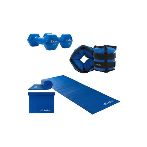 Mat yoga 6 mm + 2 mancuernas kg c/u + 2 kg azul