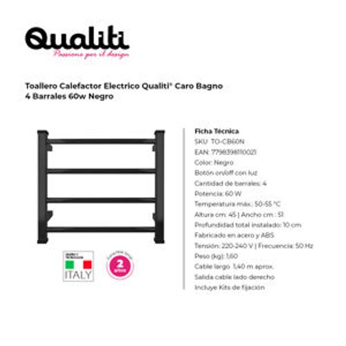 Toallero Calefactor Eléctrico Qualiti® Caro Bagno 4 Barrales 60w Negro