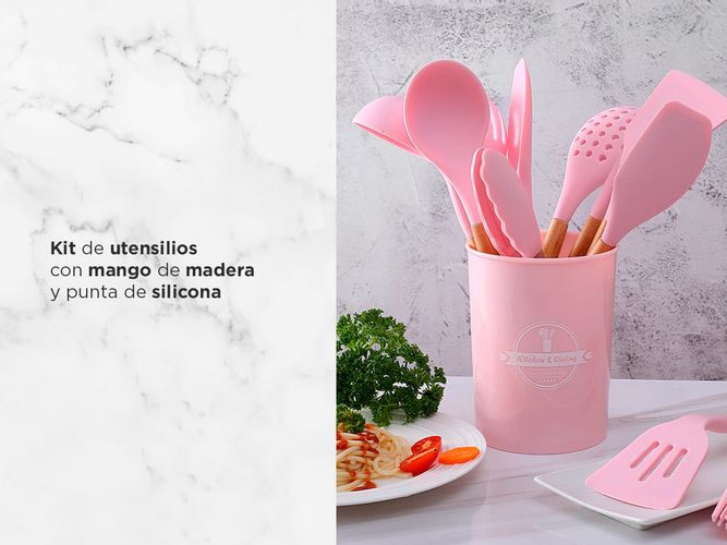 Set X12 Kit Utensilios De Cocina Mango Madera Punta Silicona