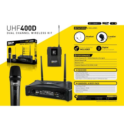 Set Micrófono Inalámbrico de Mano SKP UHF-700 PRO con Body Pack para Vincha  y Levalier